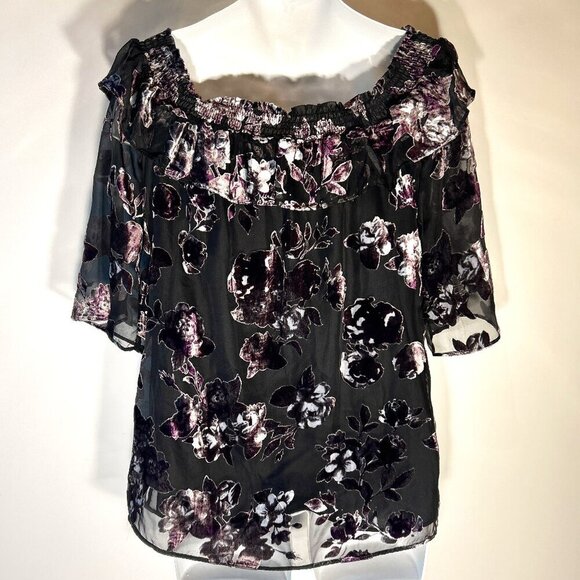 DR2 SZ S Purple & Black Burnout Velvet Top Whimsigoth Boho Dark Romance 80's - Picture 3 of 13